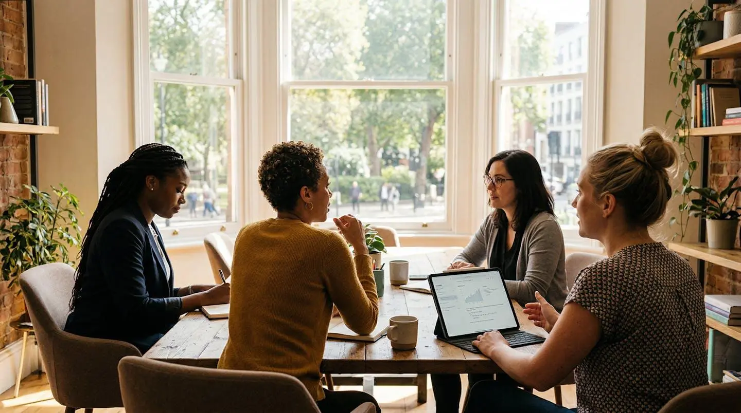 Trois personnes vues de profil discutent autour d'une table dans un espace de travail moderne et lumineux avec une grande baie vitrée