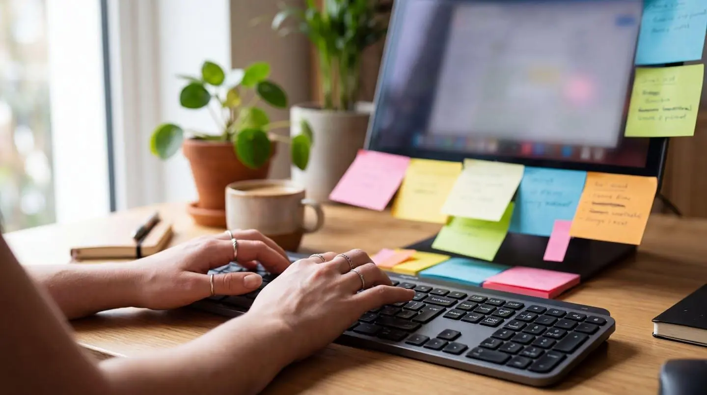 Des mains tapent sur un clavier d'ordinateur portable entouré de post-its colorés dans un environnement de bureau lumineux