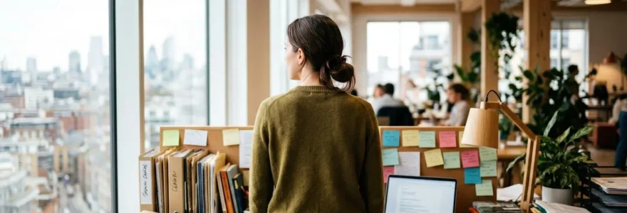 Une femme de dos regarde par la fenêtre d'un bureau moderne encombré de dossiers et de post-its colorés
